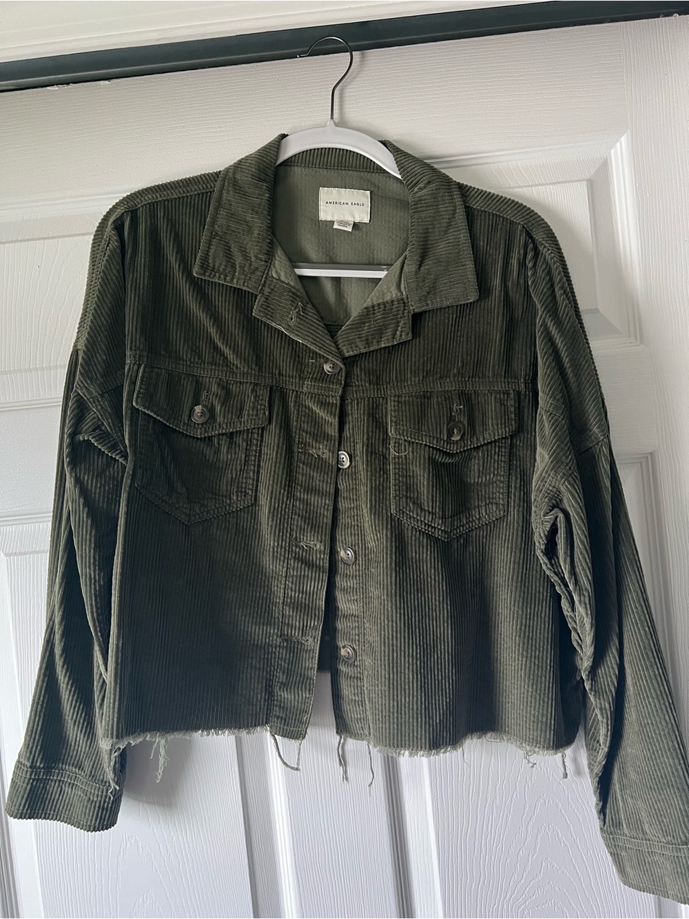 American Eagle Distressed Corduroy Button-Front Jacket - Olive Green